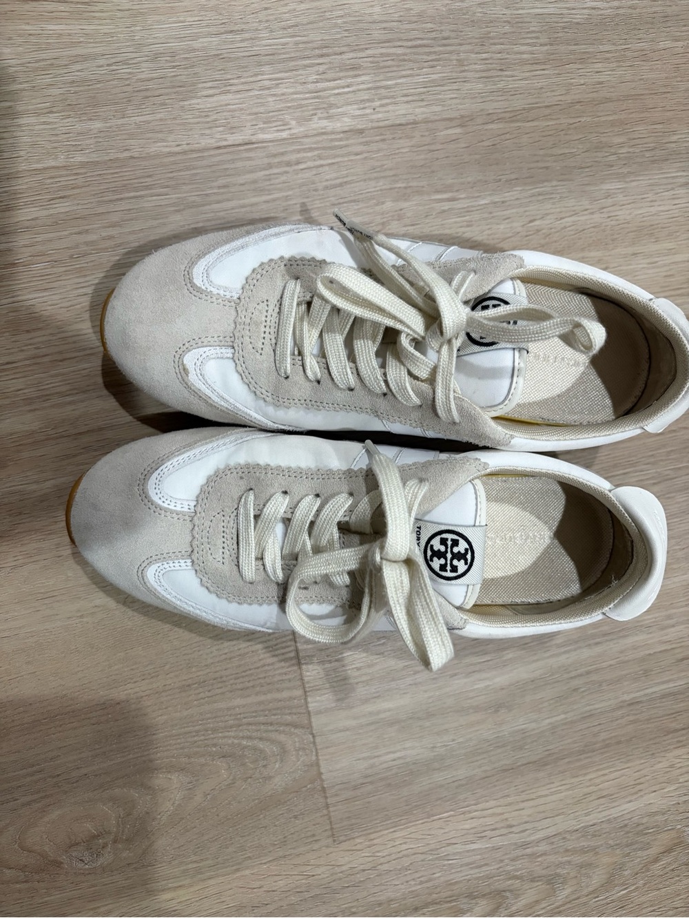 Tory Burch Cream and White Suede Logo Sneakers